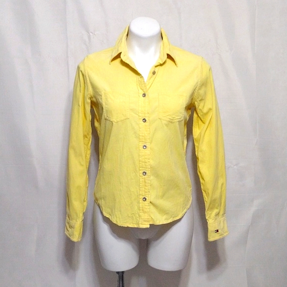 Tommy Hilfiger Y2K Yellow Corduroy Button Up Long Sleeve Top Retro Preppy Chic 4